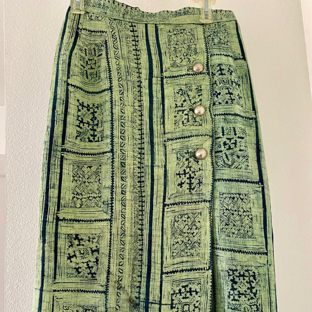 Vintage Thai Linen Batik wrap custom skirt with metal buttons fully lined